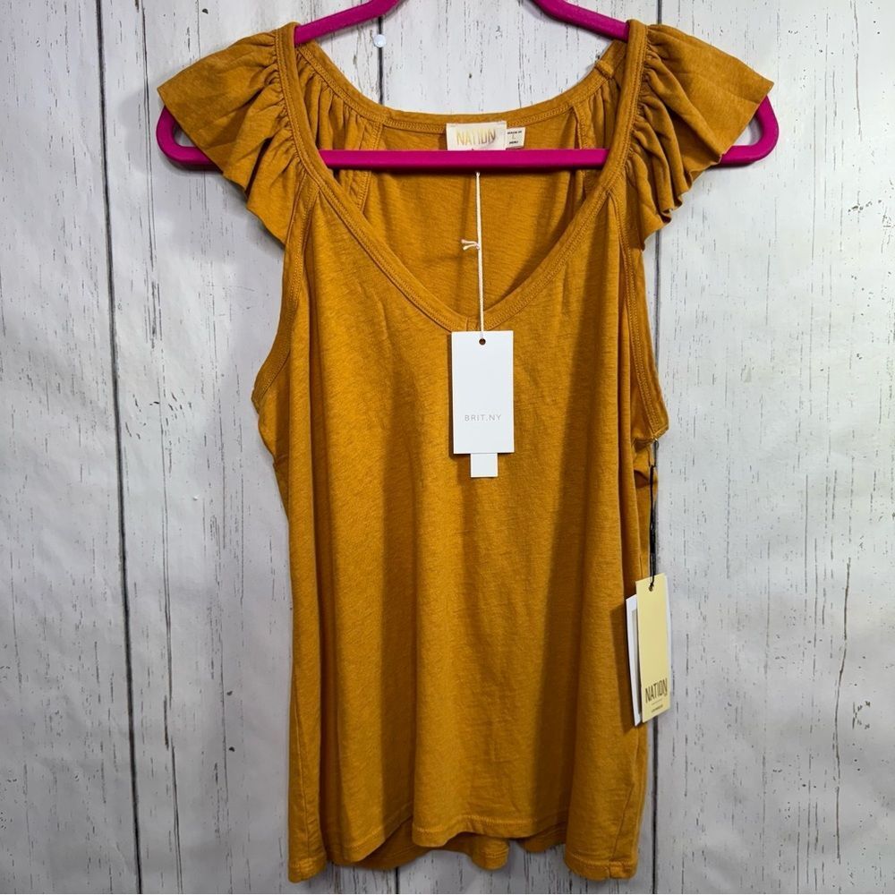Nation LTD Britny Flutter Sleeve Top L Mustard Yellow Boho Chic Cotton Linen